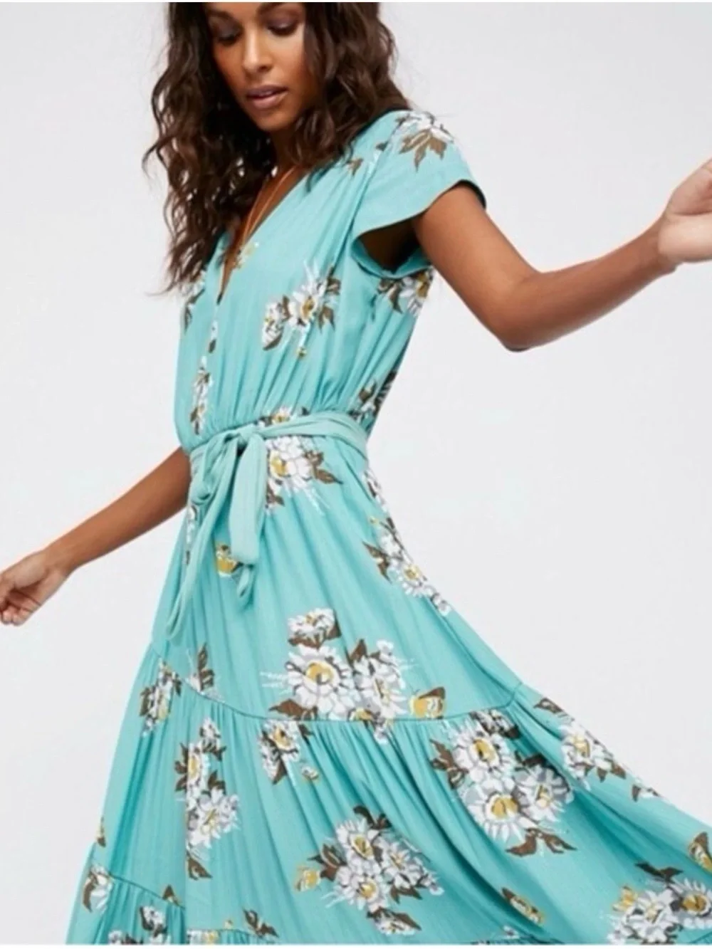 Free People All I Got Printed Tiered Maxi Dress Green Floral Size 0